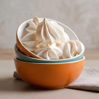 Crisp keto meringue cookies recipe with glossy white piped peaks and delicate shells on a baking tray.