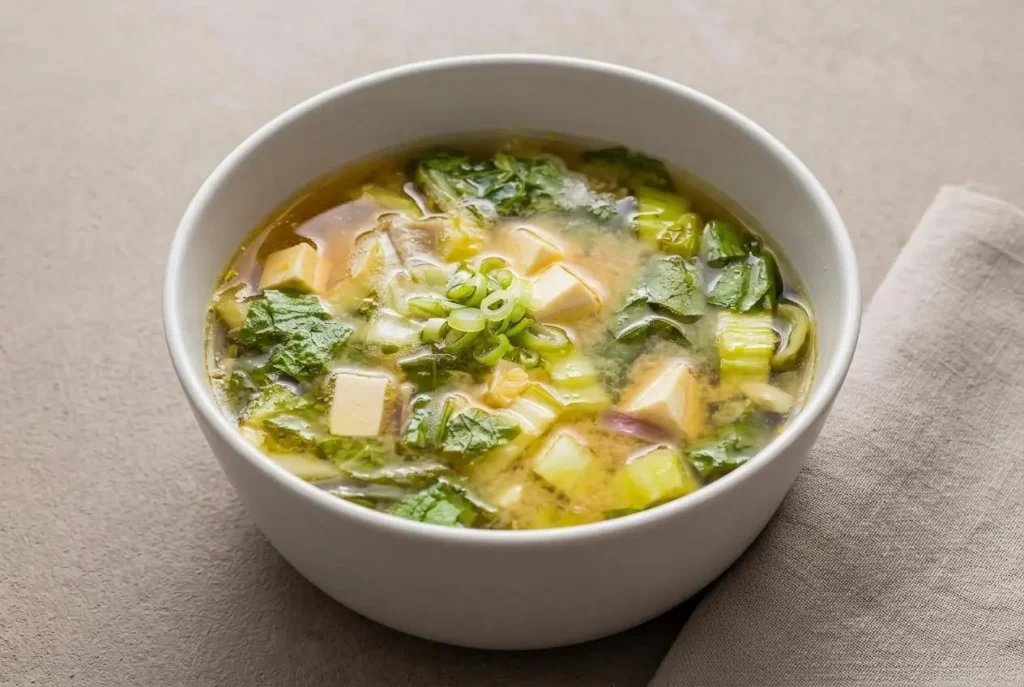 Keto miso soup in a dark bowl with tender bok choy, cubed firm tofu, and a delicate cloudy broth swirl.
