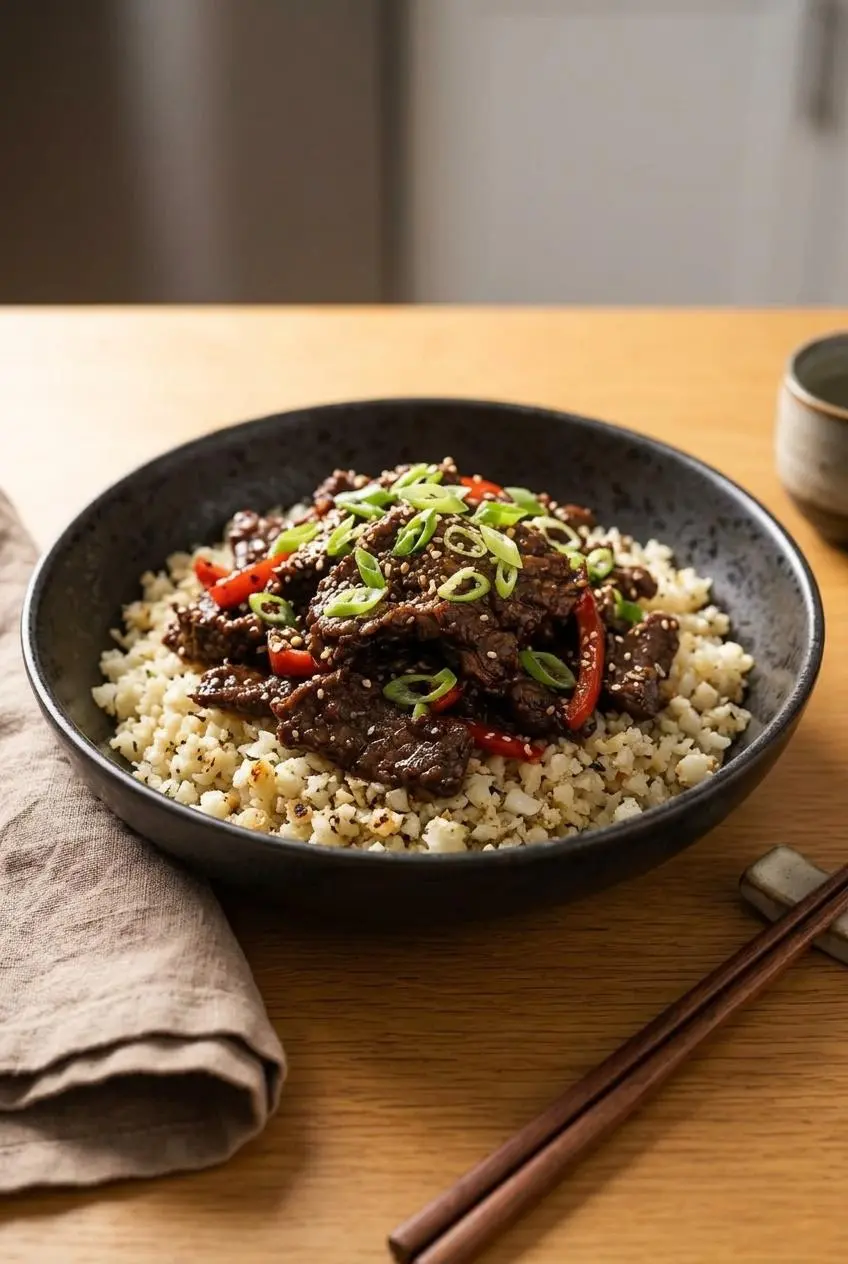 Keto Mongolian beef served over fluffy sautéed cauliflower rice in a dark ceramic bowl with chopsticks.