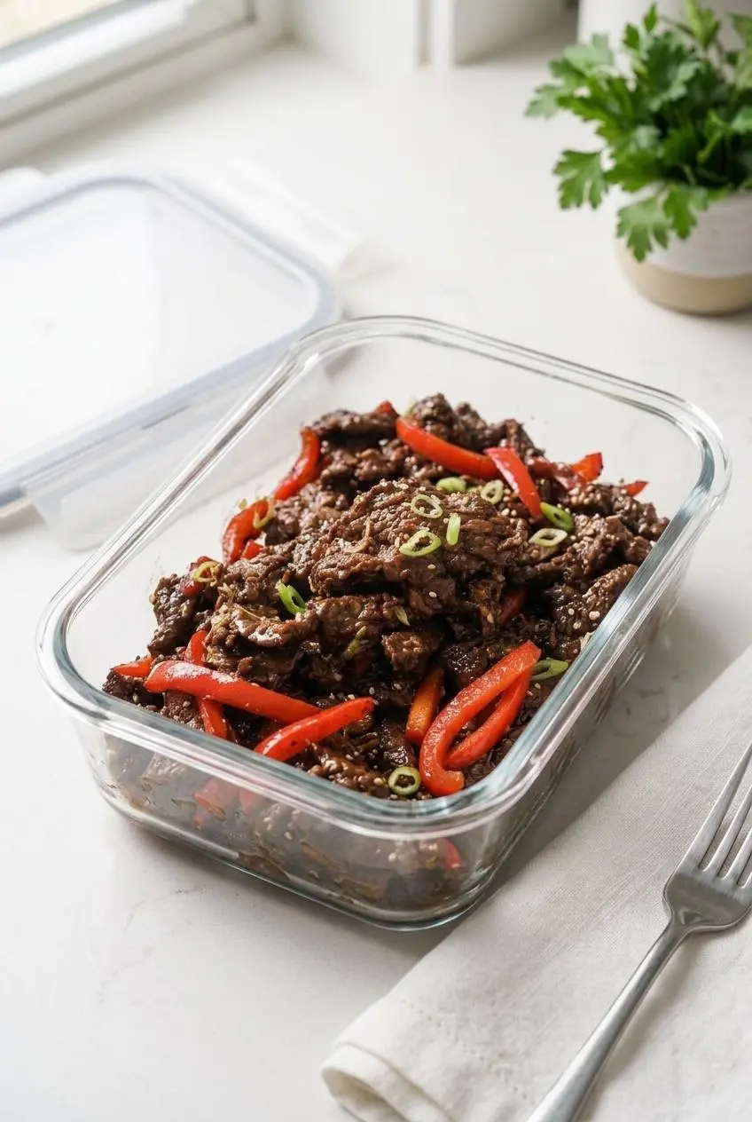 Glass meal prep container packed with sauced keto Mongolian beef, red bell peppers, and fresh scallions.