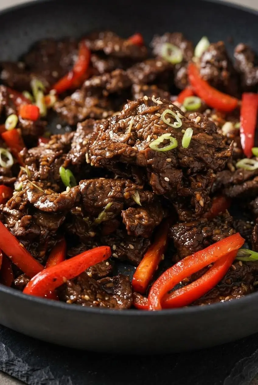Close-up of caramelized seared beef strips coated in a bubbling garlic tamari glaze with sesame seeds.