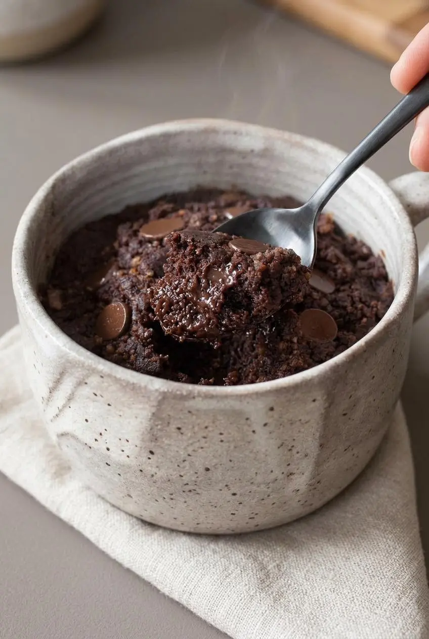 Spoon scooping into a keto mug cake revealing a moist, softly set fudgy center and tender crumb.