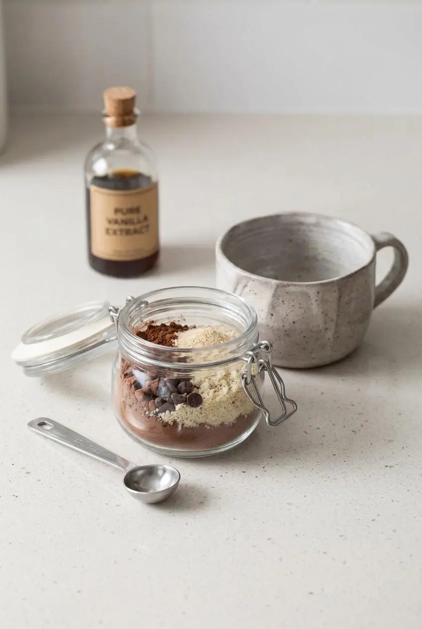 Glass jar containing pre-mixed dry keto mug cake ingredients beside a greased ceramic mug.