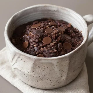 Freshly baked keto mug cake recipe featuring a rich, tender chocolate crumb in a dark ceramic mug.