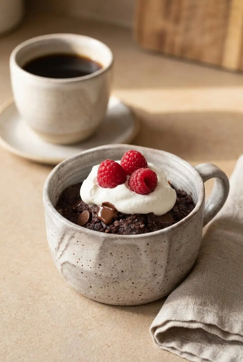 Warm keto mug cake topped with unsweetened whipped cream and fresh raspberries beside a cup of coffee.