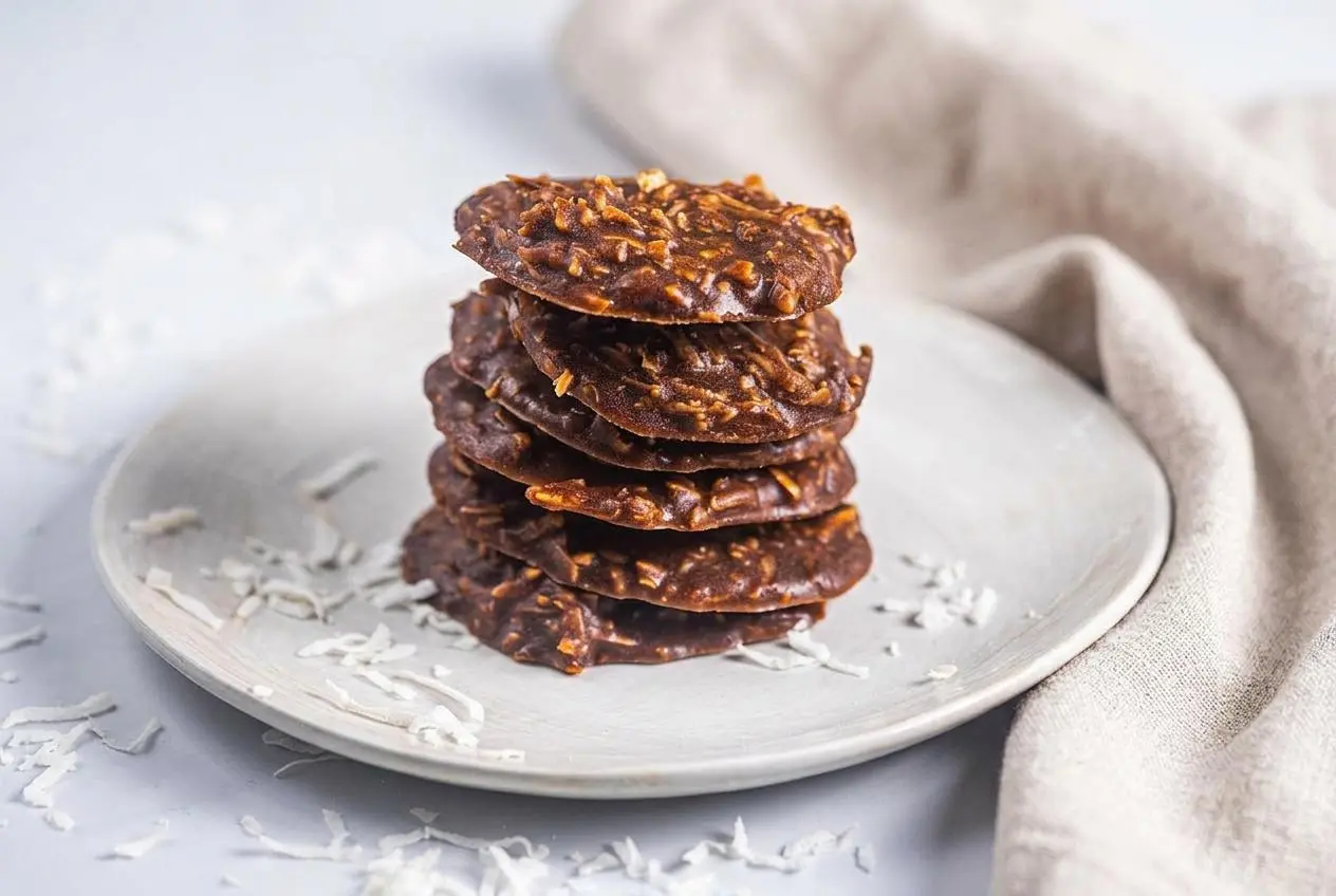 Keto no bake cookies set into rich chocolate mounds with shredded coconut and a firm matte finish