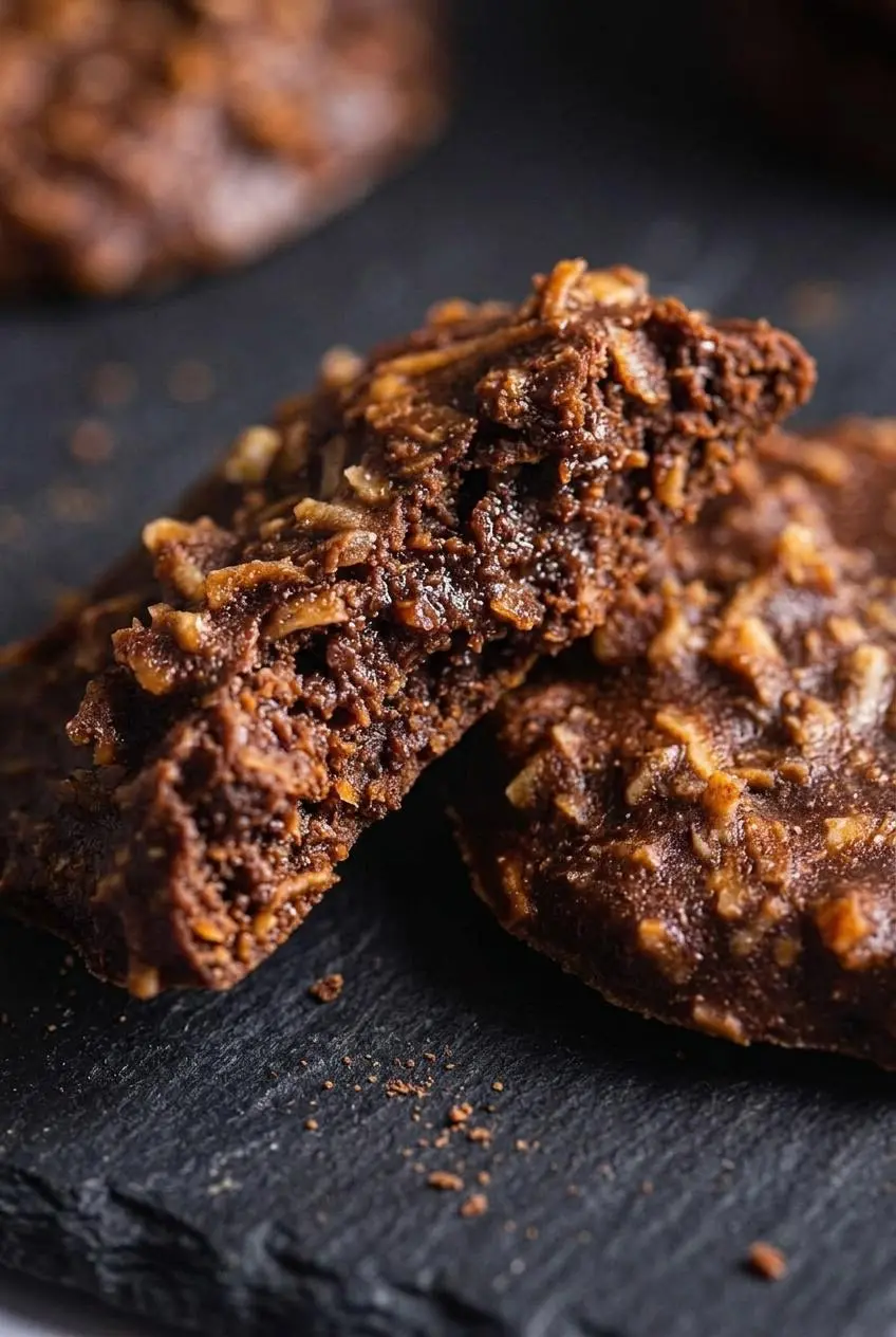 Broken keto no bake cookie showing dense chewy coconut interior alongside a solid matte cocoa mound