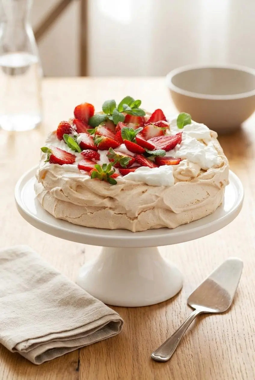 Whole keto pavlova crowned with fluffy whipped cream swirls, fresh blackberries, raspberries, and strawberries.