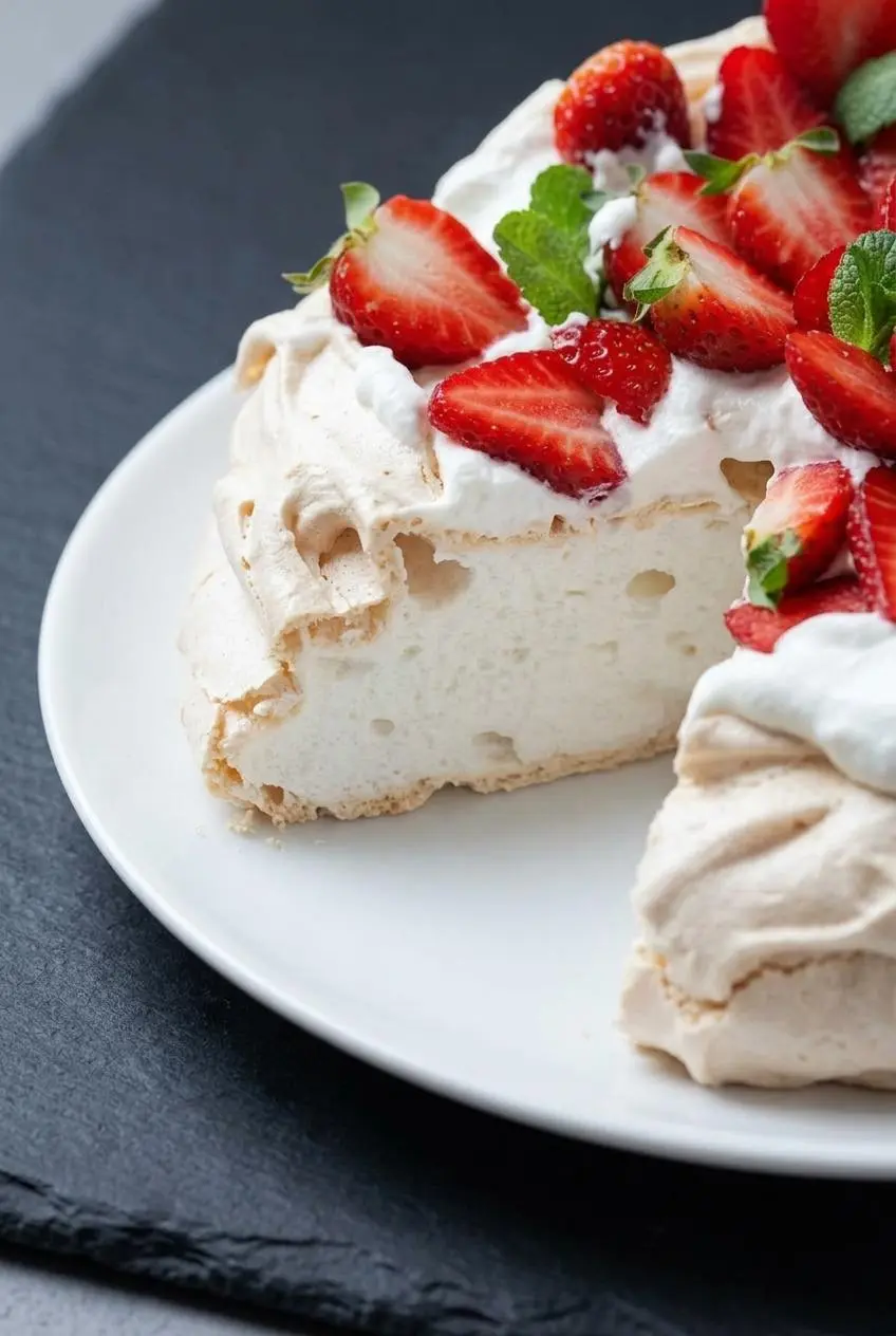 Slice of keto pavlova revealing a brittle crisp crust and soft, airy marshmallow center.