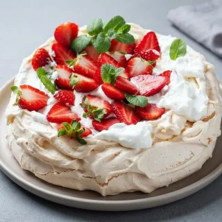 Keto pavlova recipe topped with whipped cream and berries, showing a crisp delicate baked shell.