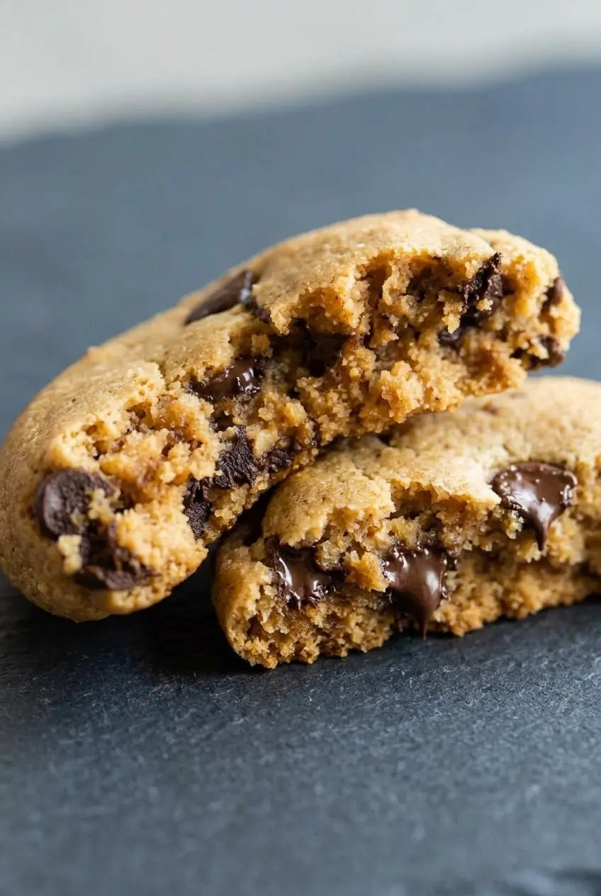 Tender interior crumb and melted chocolate chips inside a broken keto peanut butter cookie on a dark slate.