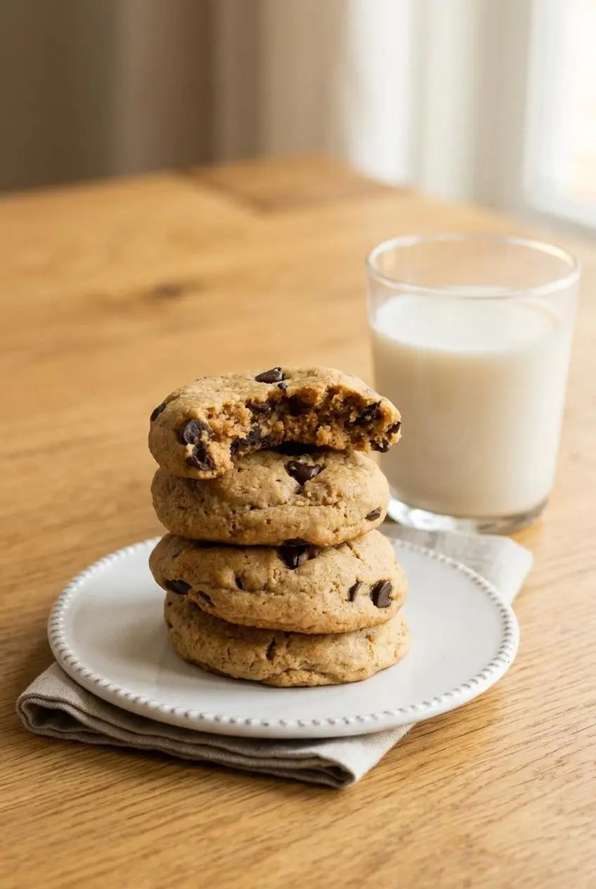Three keto peanut butter chocolate cookies stacked on a ceramic saucer beside a glass of cold almond milk.
