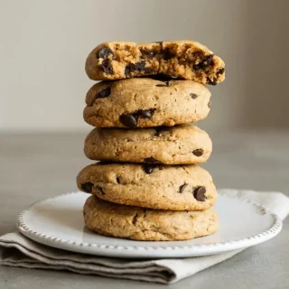 Freshly baked keto peanut butter chocolate cookies with golden edges and pockets of melted sugar-free chocolate.