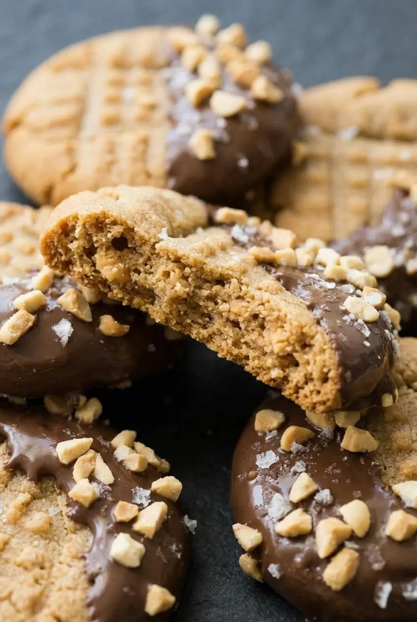 Close-up of a broken keto peanut butter cookie showing a chewy, tender crumb and golden edge.