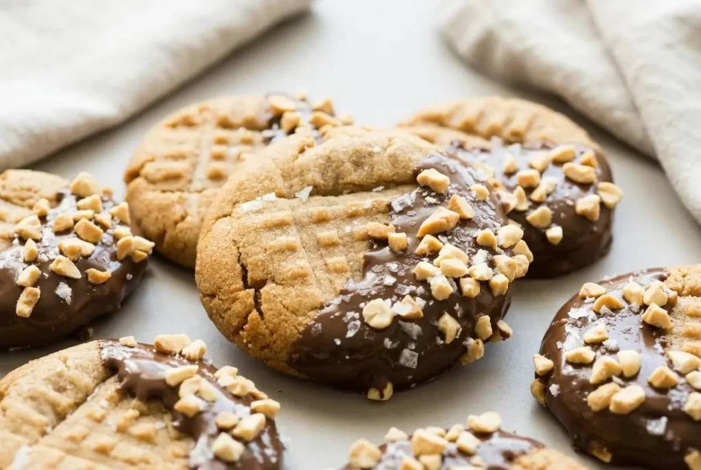 Golden keto peanut butter cookies with crisp edges and classic fork marks on a baking sheet.
