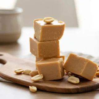 Chilled squares from this keto peanut butter fudge recipe showing a velvety, satin finish and clean sliced edges.