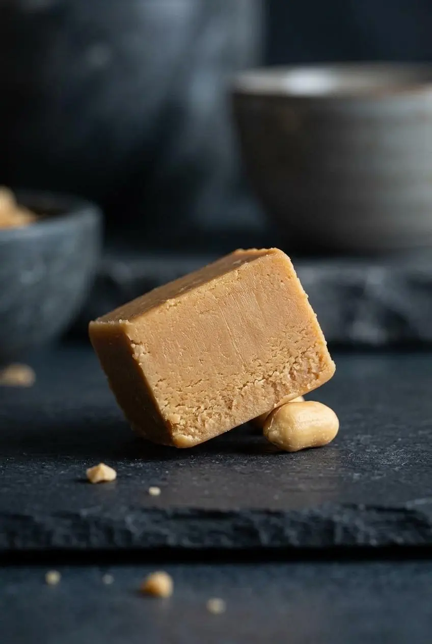 Macro cross-section of smooth peanut butter fudge showing a dense, matte interior without oil separation.