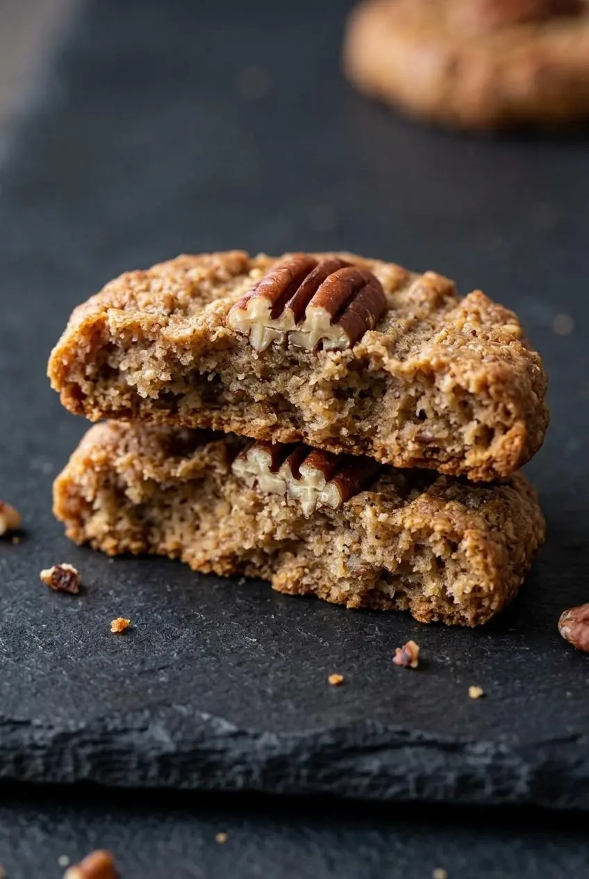 Broken keto pecan cookie showing the soft interior crumb and toasted pecan pieces.