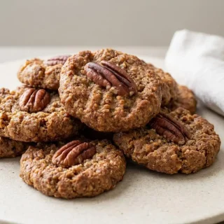 Keto pecan cookies with golden edges and fork crosshatch markings on a serving plate.