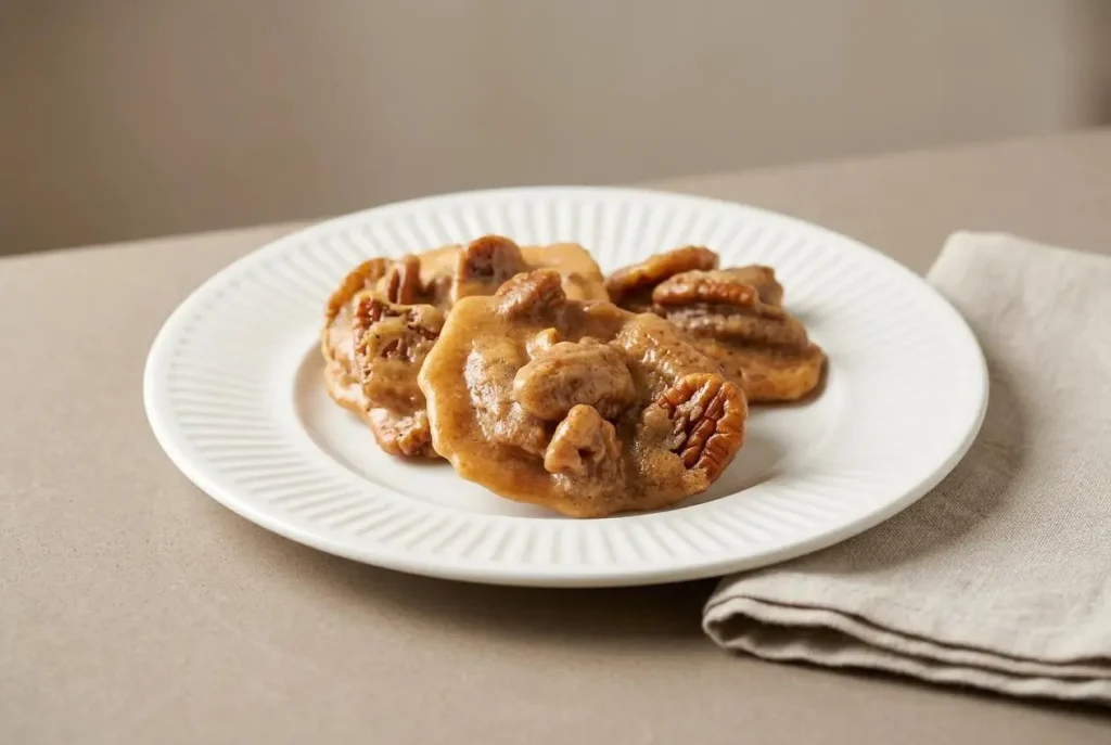 Crisp keto pecan pralines with a glossy golden caramel coating on baking parchment.
