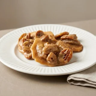 Crisp keto pecan pralines with a glossy golden caramel coating on baking parchment.