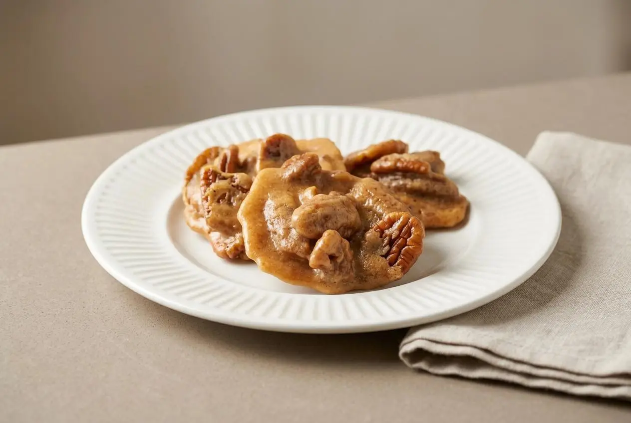 Crisp keto pecan pralines with a glossy golden caramel coating on baking parchment.