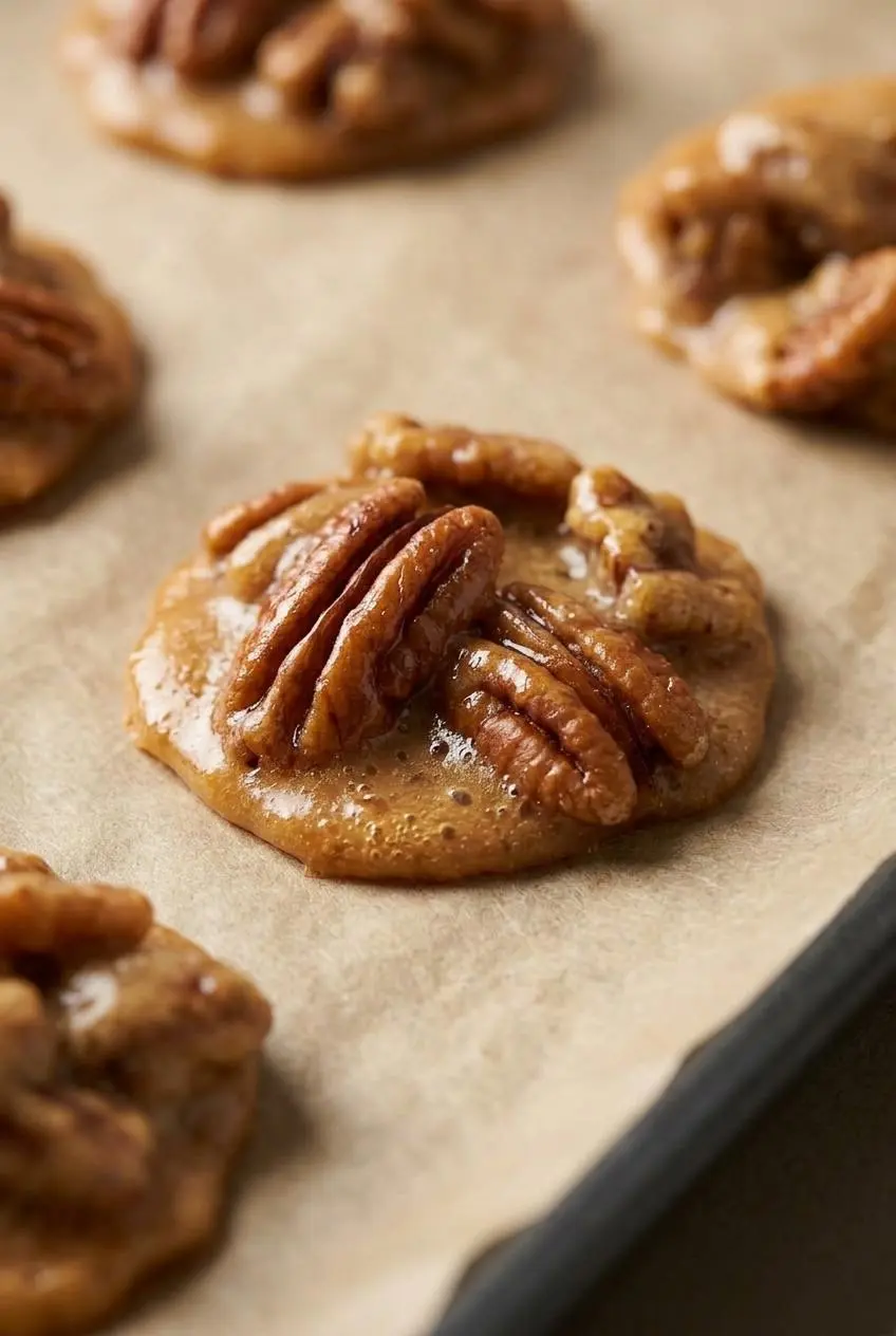 Close-up of a keto pecan praline showing glossy caramel clinging to toasted pecan halves on parchment.