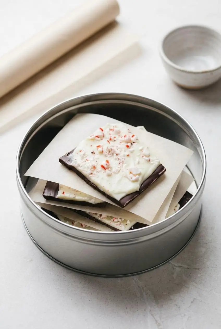Keto peppermint bark pieces layered with parchment paper inside a round metal gift tin.