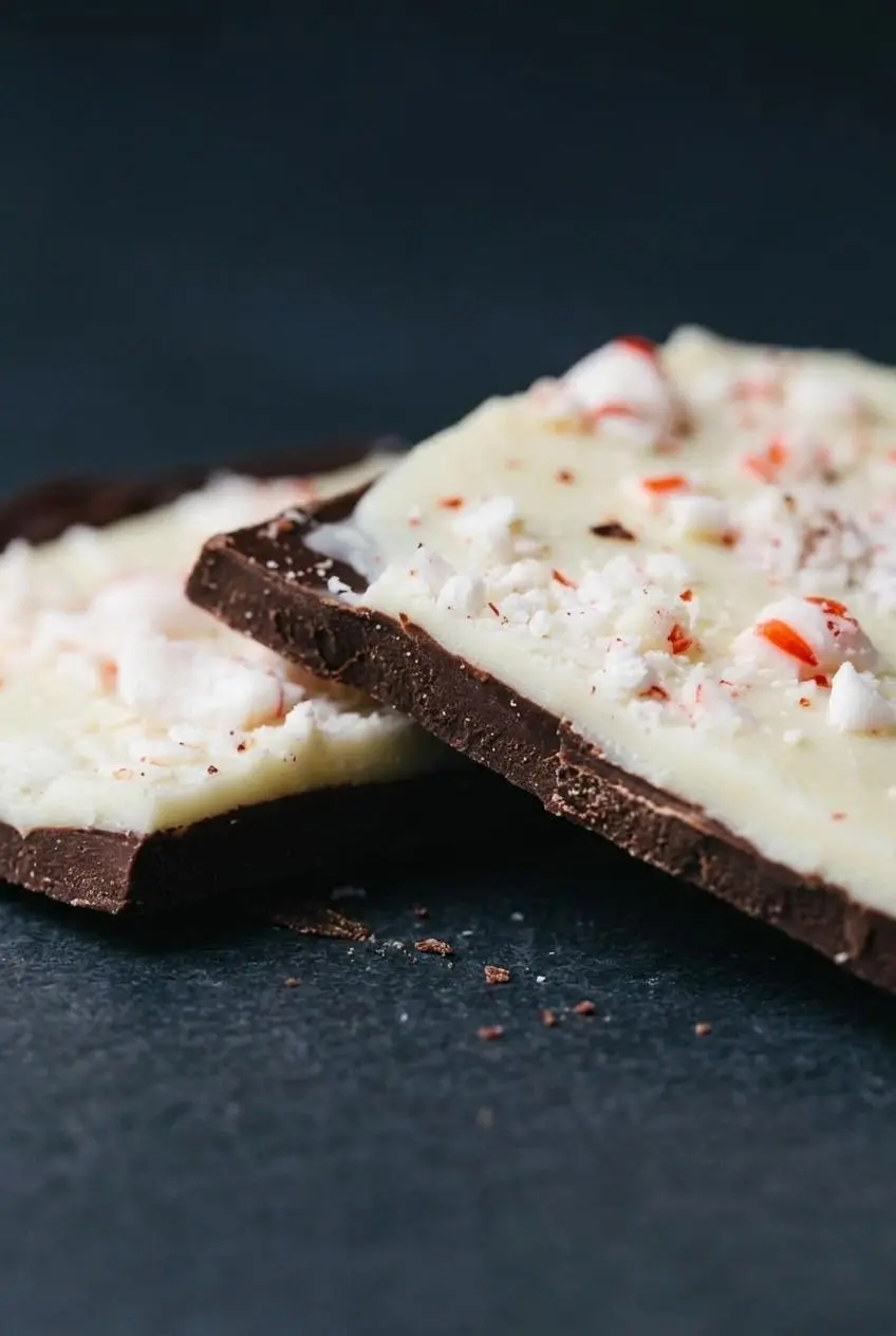 Close-up of broken keto peppermint bark showing a clean fracture line between fused chocolate layers.
