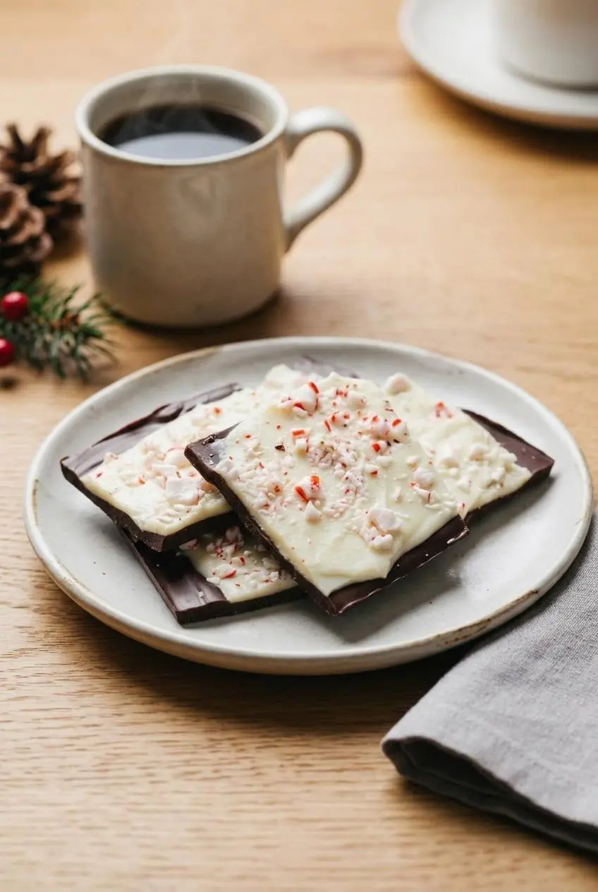 Shards of keto peppermint bark stacked on a ceramic dish beside a warm mug of coffee.