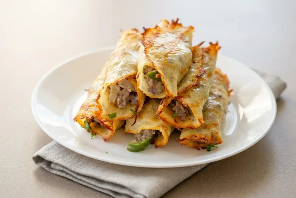 Keto philly cheesesteak roll ups with crisp baked cheese shells and tender beef filling.