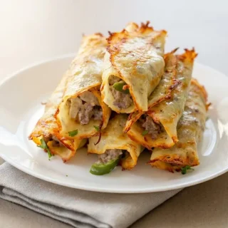 Keto philly cheesesteak roll ups with crisp baked cheese shells and tender beef filling.