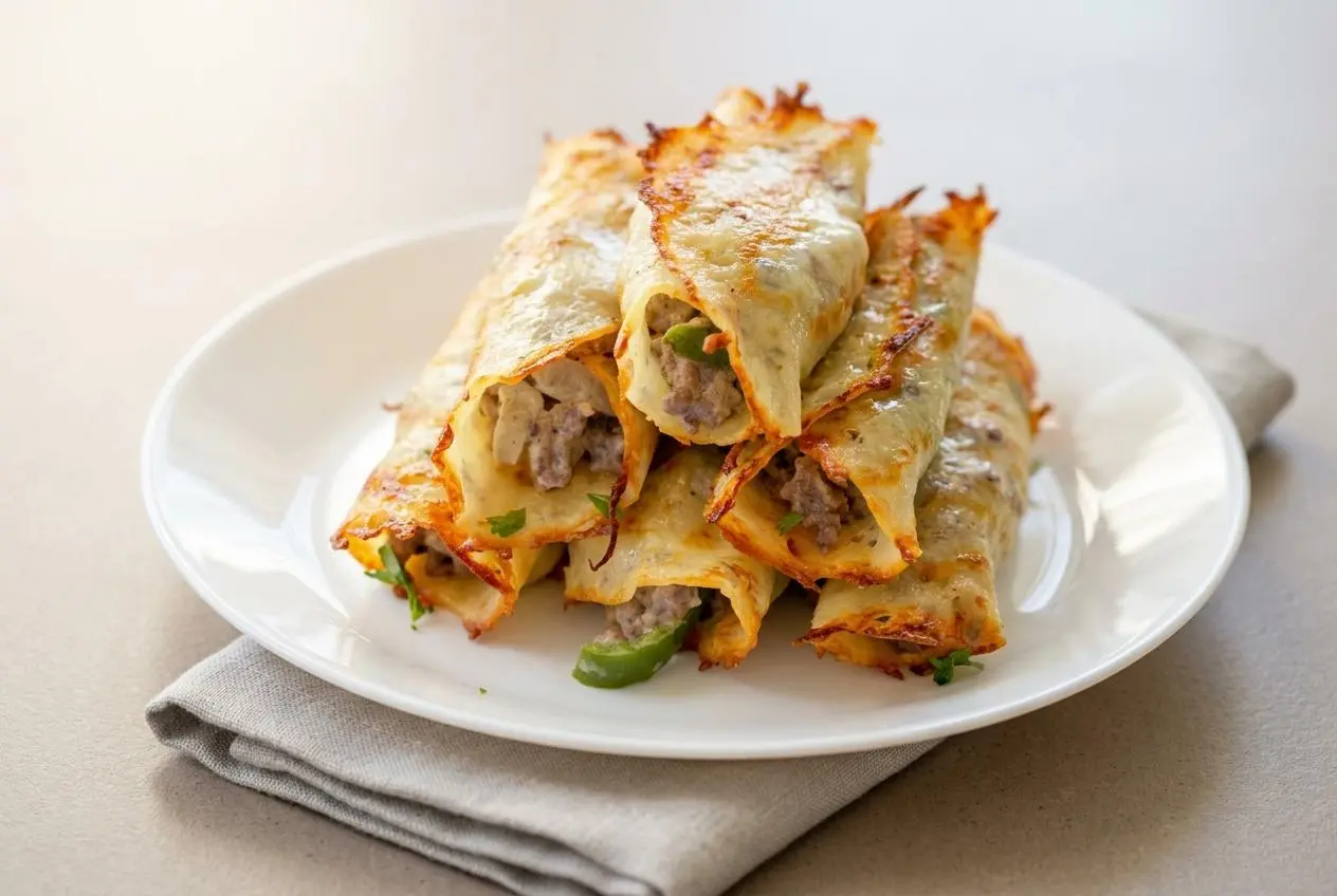 Keto philly cheesesteak roll ups with crisp baked cheese shells and tender beef filling.