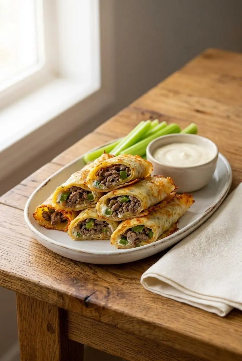 Sliced keto philly cheesesteak roll ups served on a platter with garlic aioli and celery sticks.