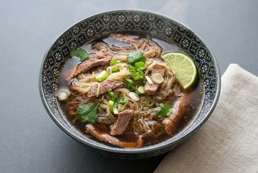 Keto pho recipe served in a dark ceramic bowl with steaming spiced broth, tender sirloin, and shirataki noodles.