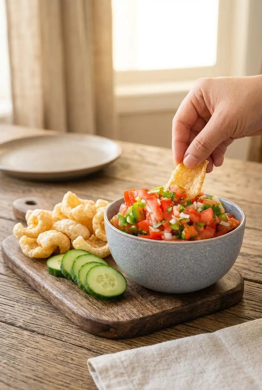 Chunky keto pico de gallo served with crisp pork rinds and fresh cucumber slices on a wooden board.