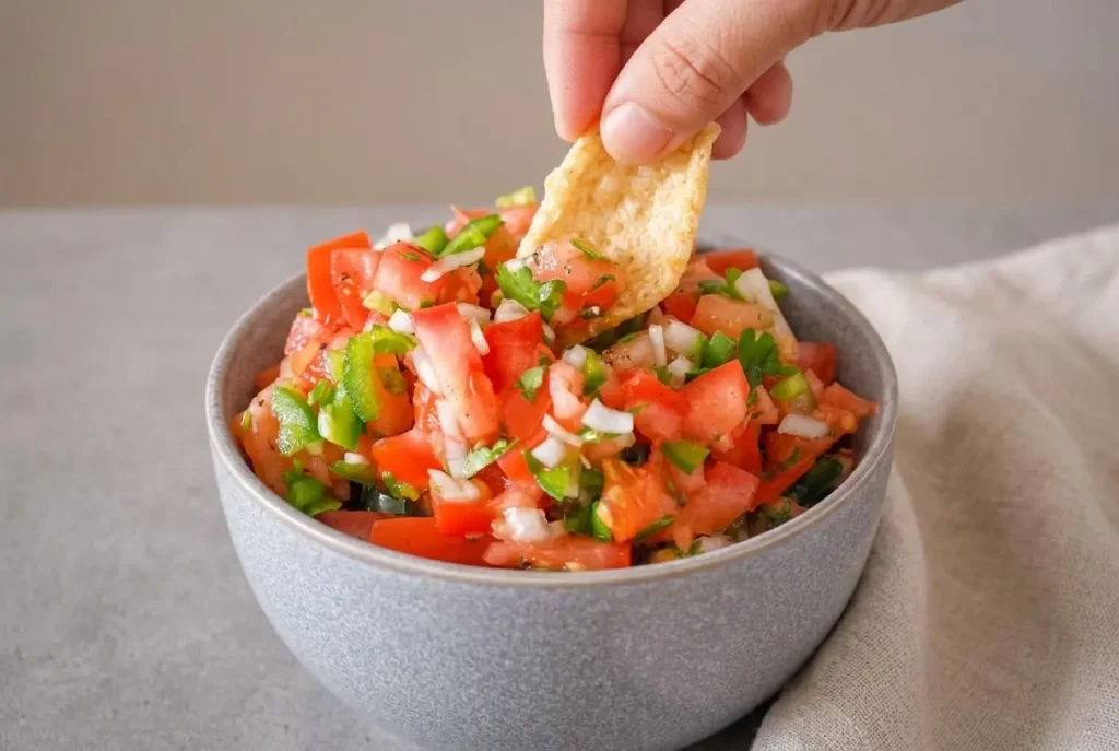 Keto pico de gallo recipe in a bowl with crisp diced tomatoes, fresh cilantro, onions, and jalapeños.