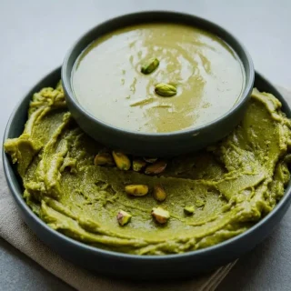 Keto pistachio butter in a clear jar showing a glossy emerald green texture and velvety finish.
