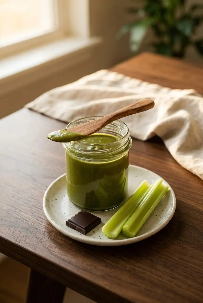Open jar of emerald green pistachio spread served with fresh celery sticks and dark chocolate.