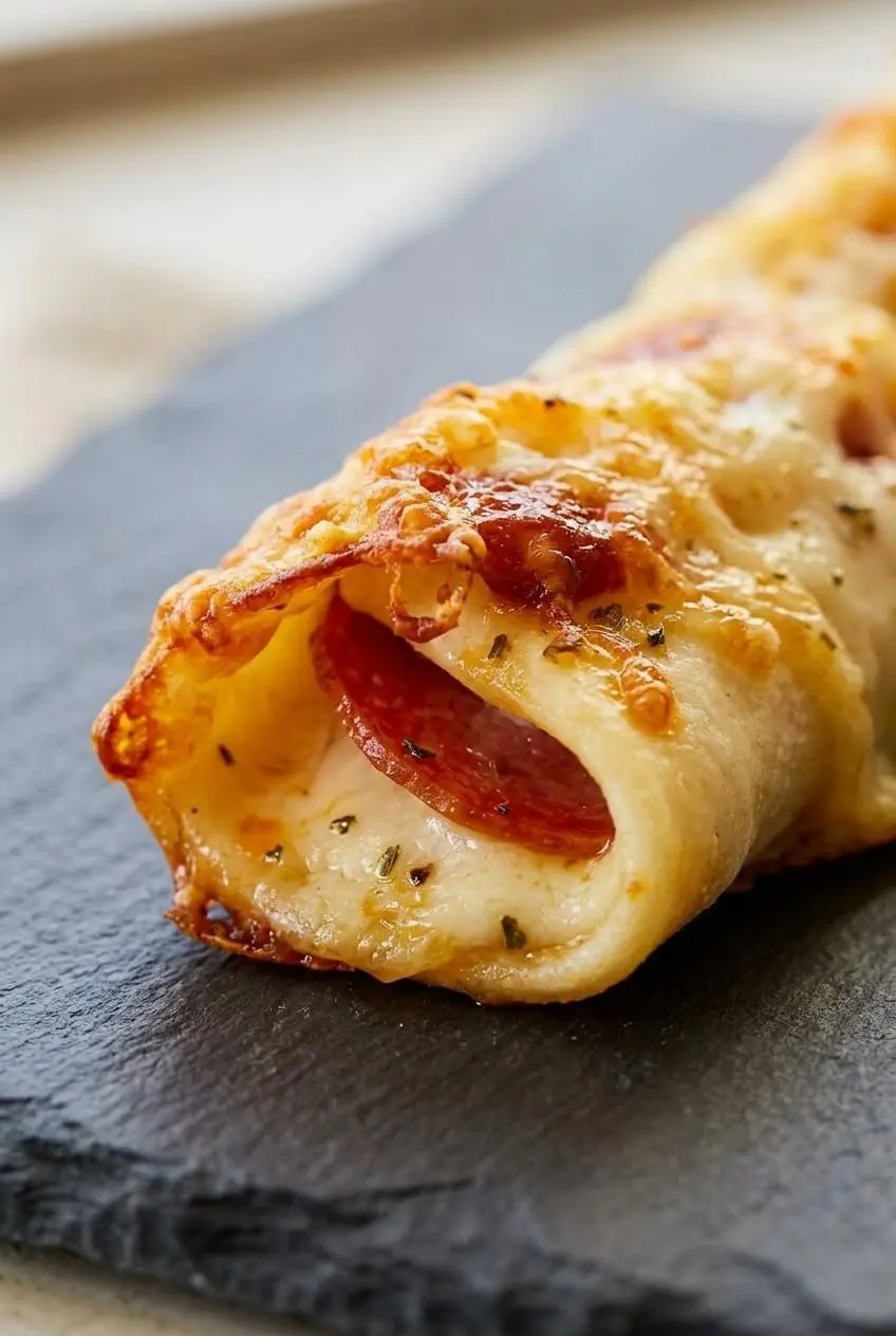 Macro view of a baked cheese roll up seam-side down, highlighting golden blistered edges and pepperoni.