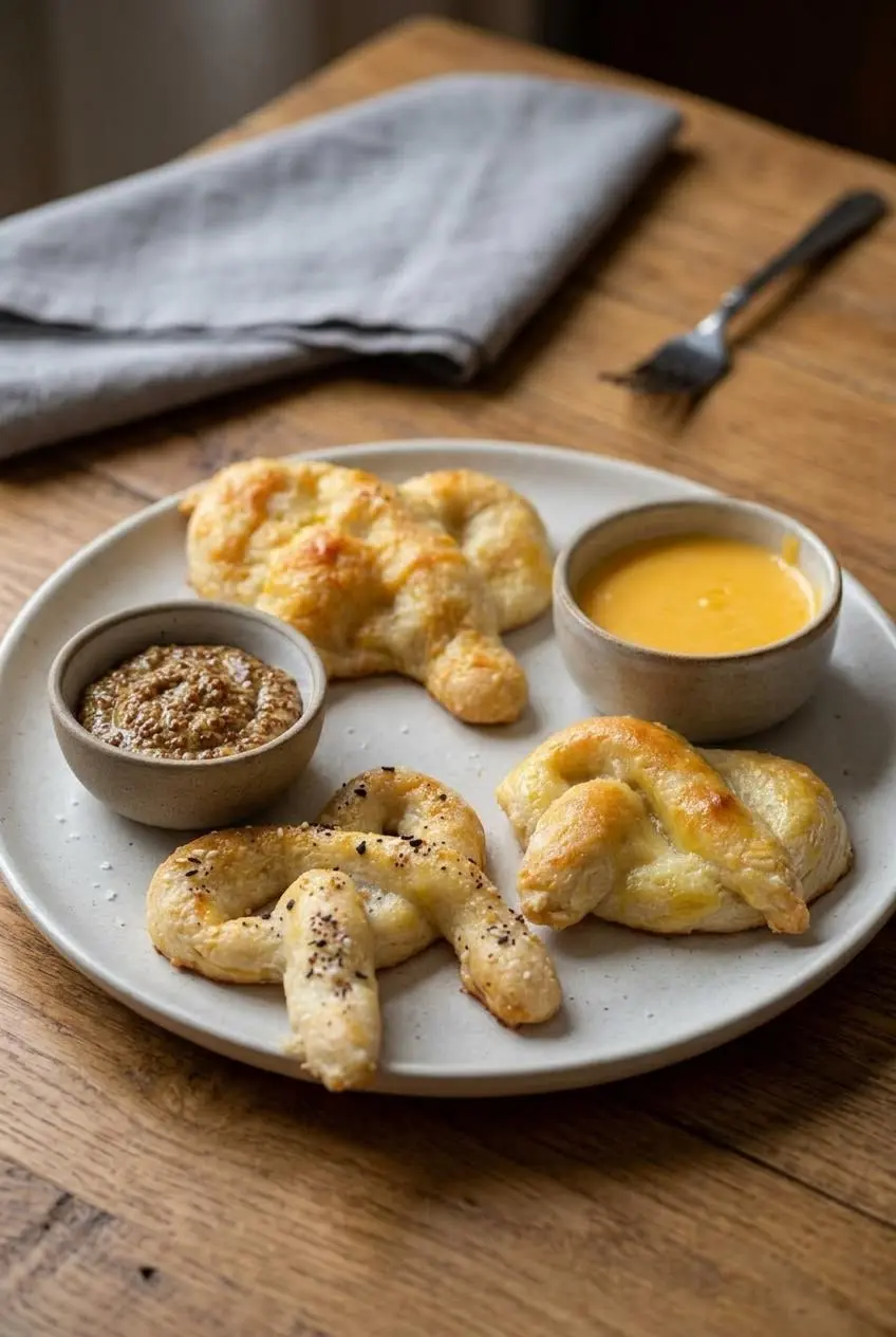 Keto soft pretzels served on a ceramic platter beside bowls of whole grain mustard and cheddar dip.