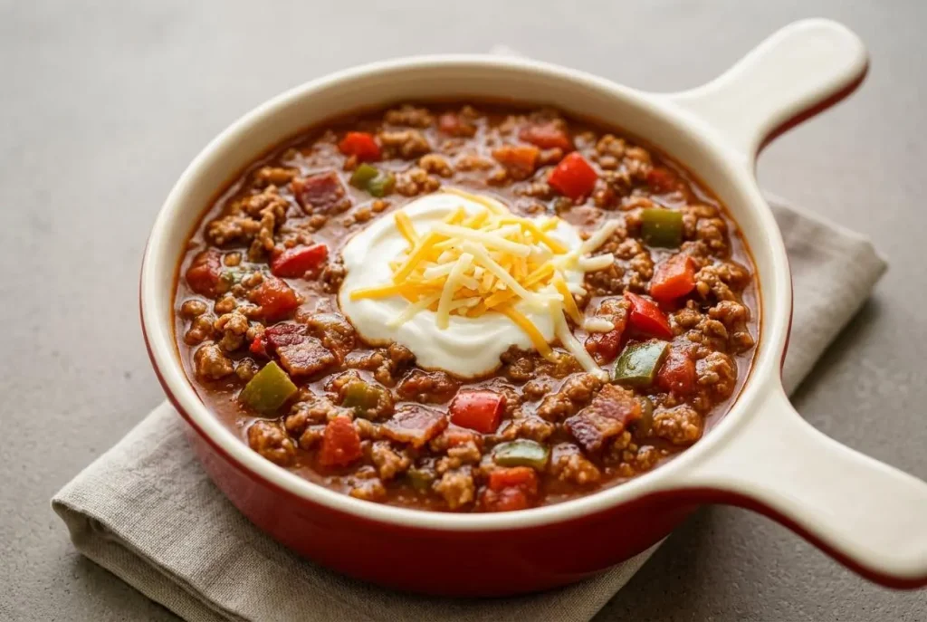 Keto pumpkin chili recipe served in a bowl with rich, thick texture and smoky bacon.