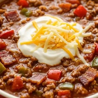 Keto pumpkin chili recipe served in a bowl with rich, thick texture and smoky bacon.