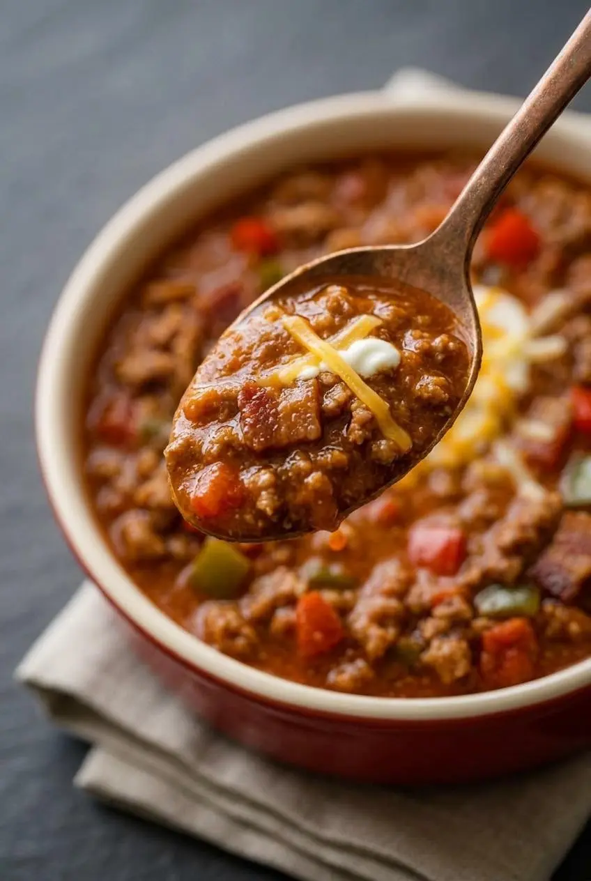Spoon lifting a thick spoonful of keto pumpkin chili showing its rich, velvety consistency.