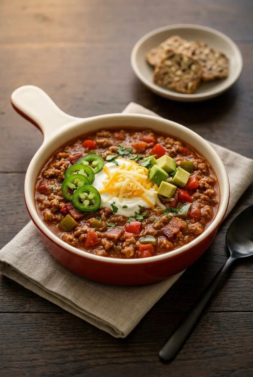 Keto pumpkin chili in a rustic bowl topped with sour cream, cheddar, sliced jalapeno, and avocado.