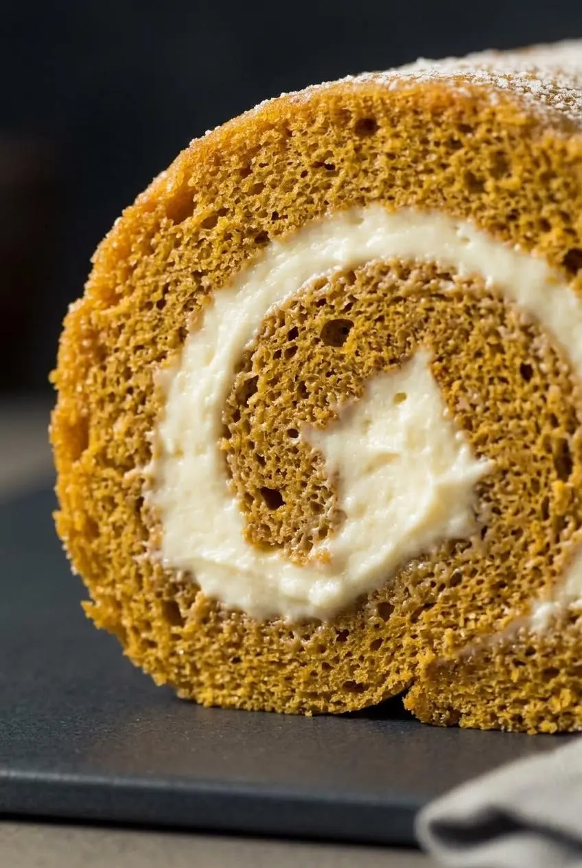 Close-up of a tender spiced pumpkin cake spiral with velvety whipped cream and no cracked edges.