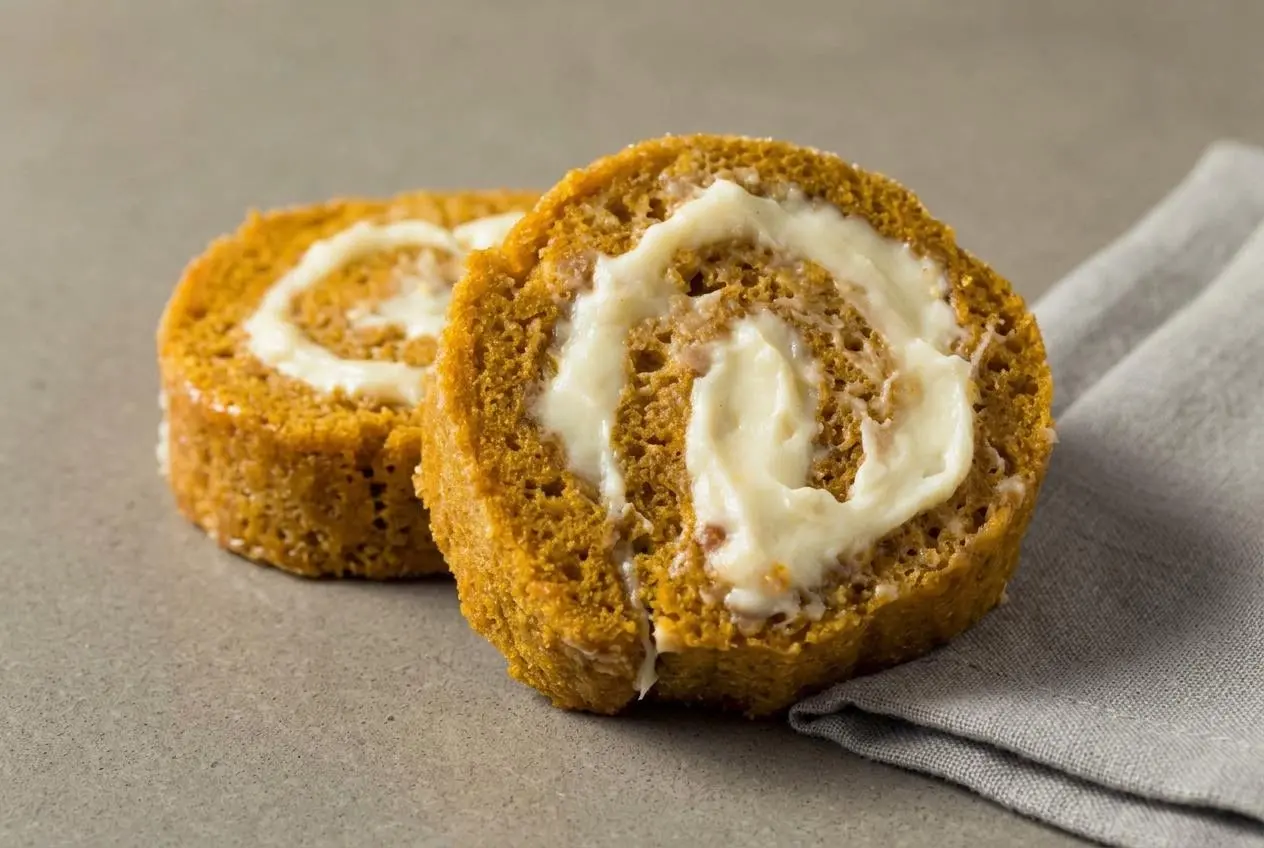 Keto pumpkin roll recipe showing a sliced spiced sponge roulade filled with pillowy whipped cream.
