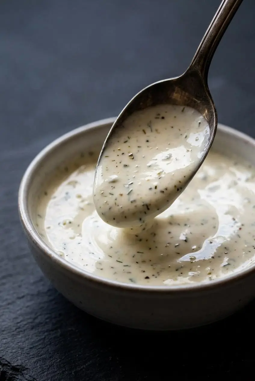 Thick keto ranch dressing coating the back of a silver spoon over a bowl.