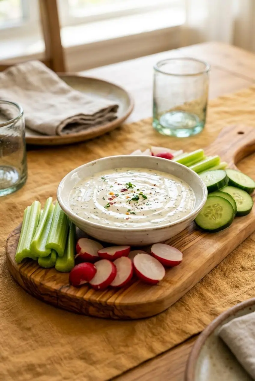 Bowl of keto ranch dip on a wooden board with celery, radishes, and cucumbers.