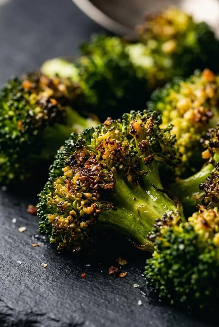 Close-up of roasted broccoli florets showing blistered caramelized tips and tender green stems.